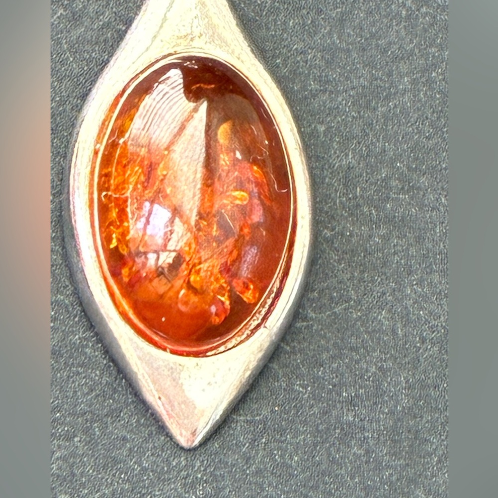 Amber Cabochon Drop Earrings - Silver Tone - Picture 2 of 4